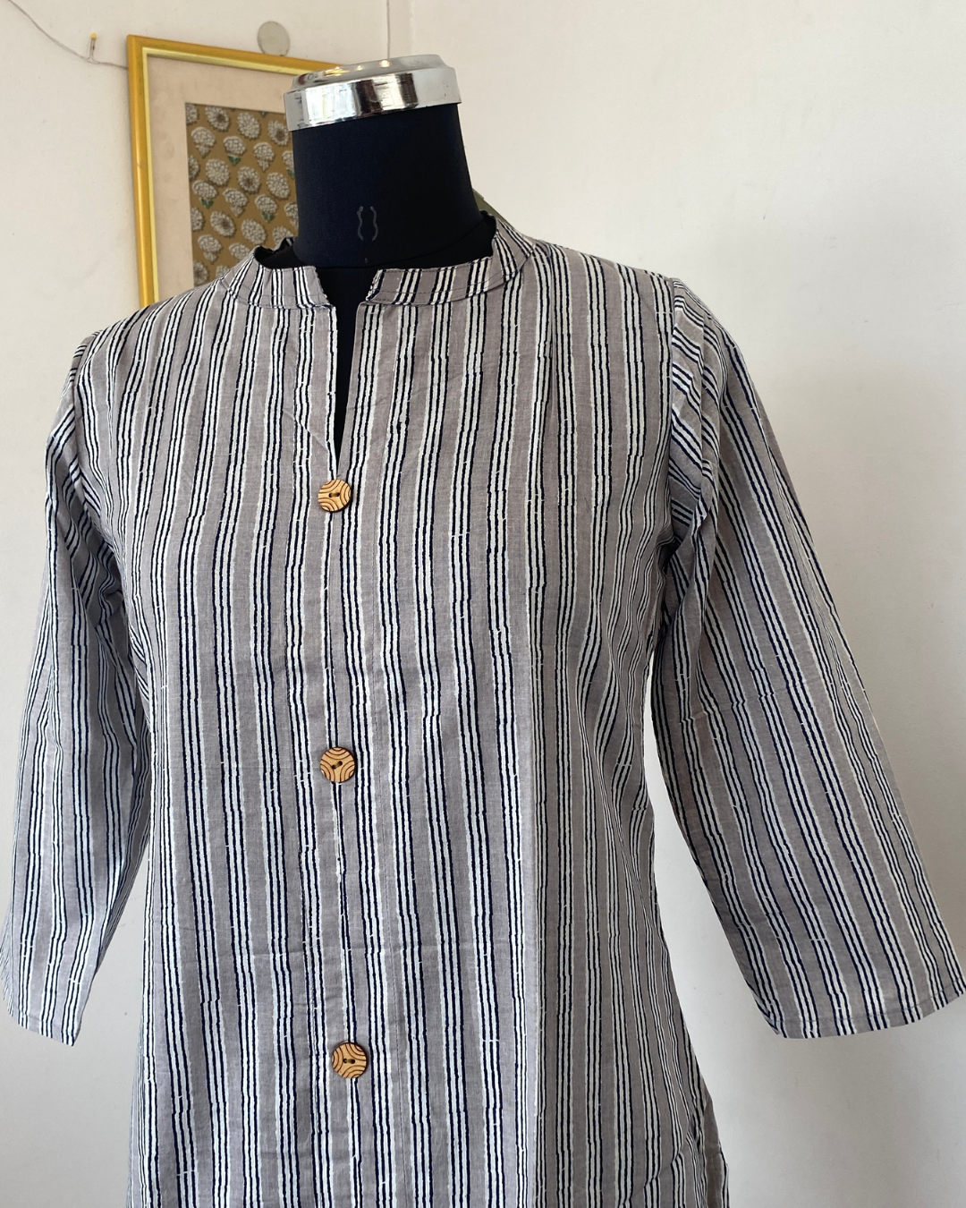 Grey Striped Collar Neck Hand Block Printed Kurti