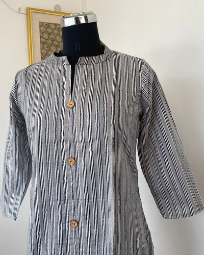 Grey Striped Collar Neck Hand Block Printed Kurti