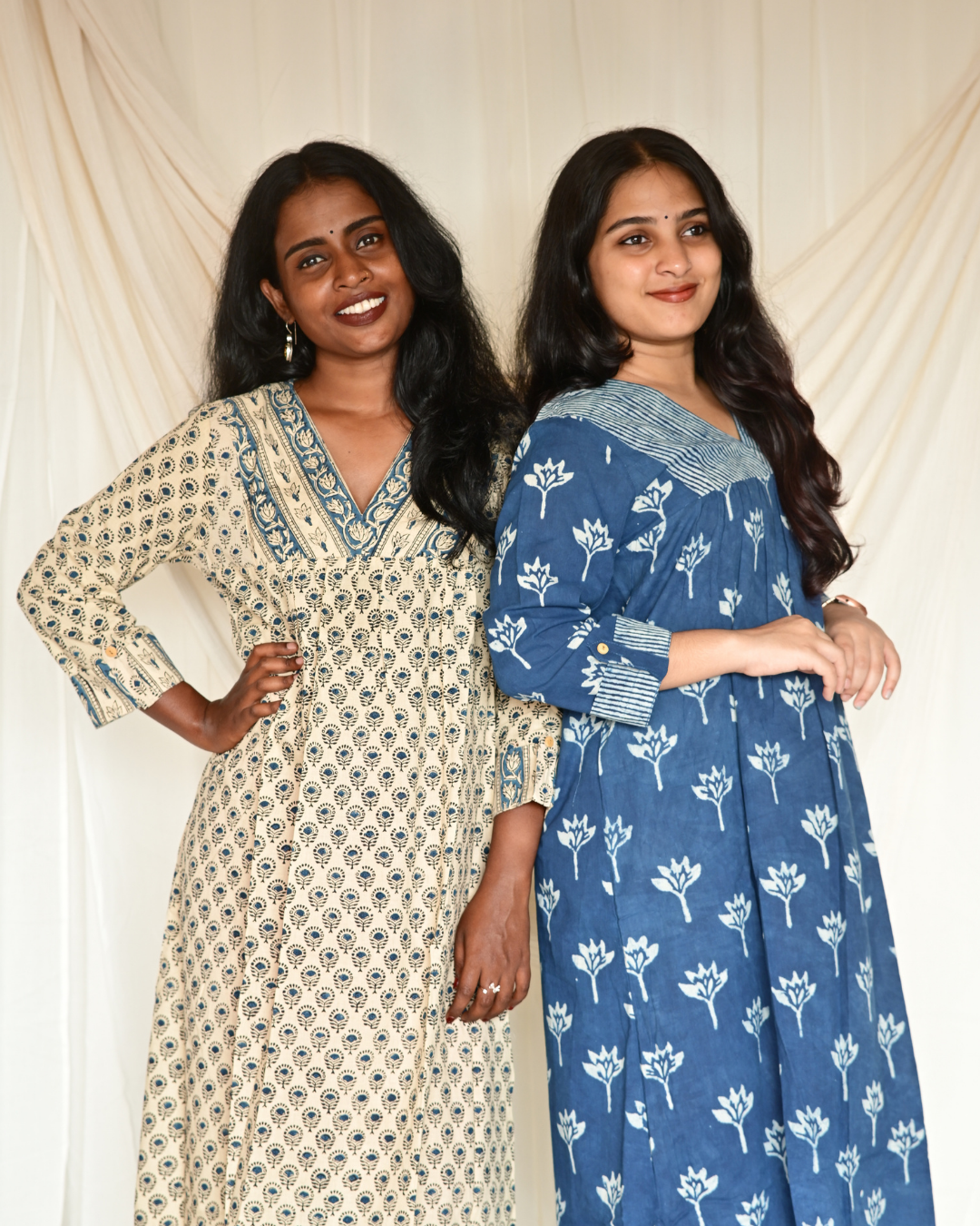 Gulmohar Beige and Blue Handblock Printed Gatherd A-line dress kurti