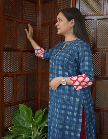 Indigo And Red Block Print Patch Collar Neck Kurti