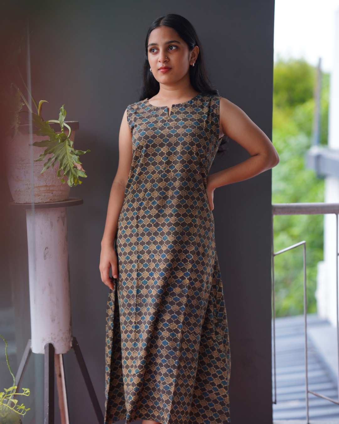 OLIVE GREEN AJRAKH A-LINE DRESS