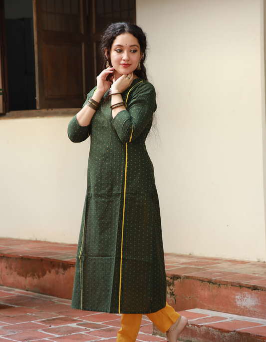 Green Handloom v neck kurti