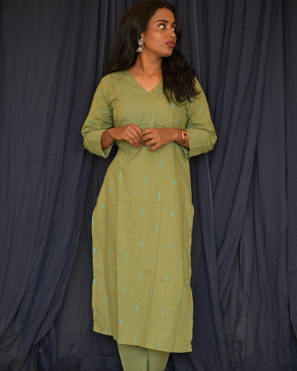 "ROZ" Olive Green South Cotton Kurti and pant set