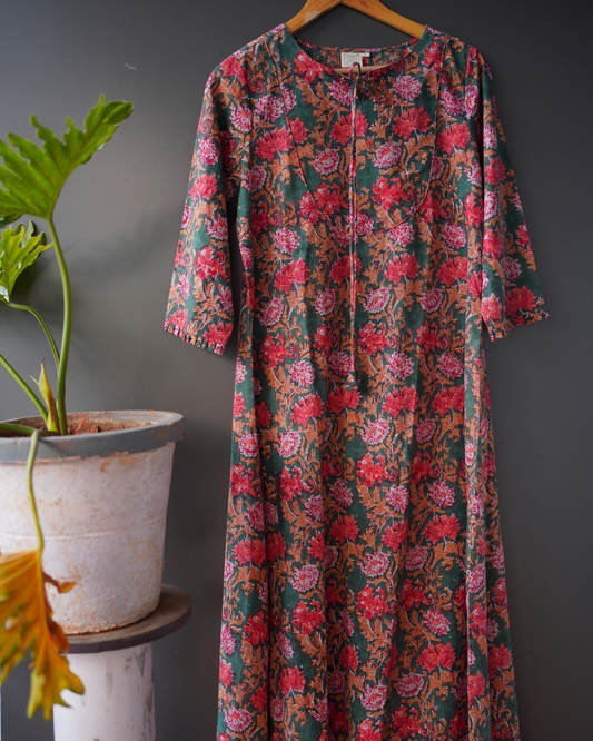 Dark green floral Hand Block Printed A Line Dress