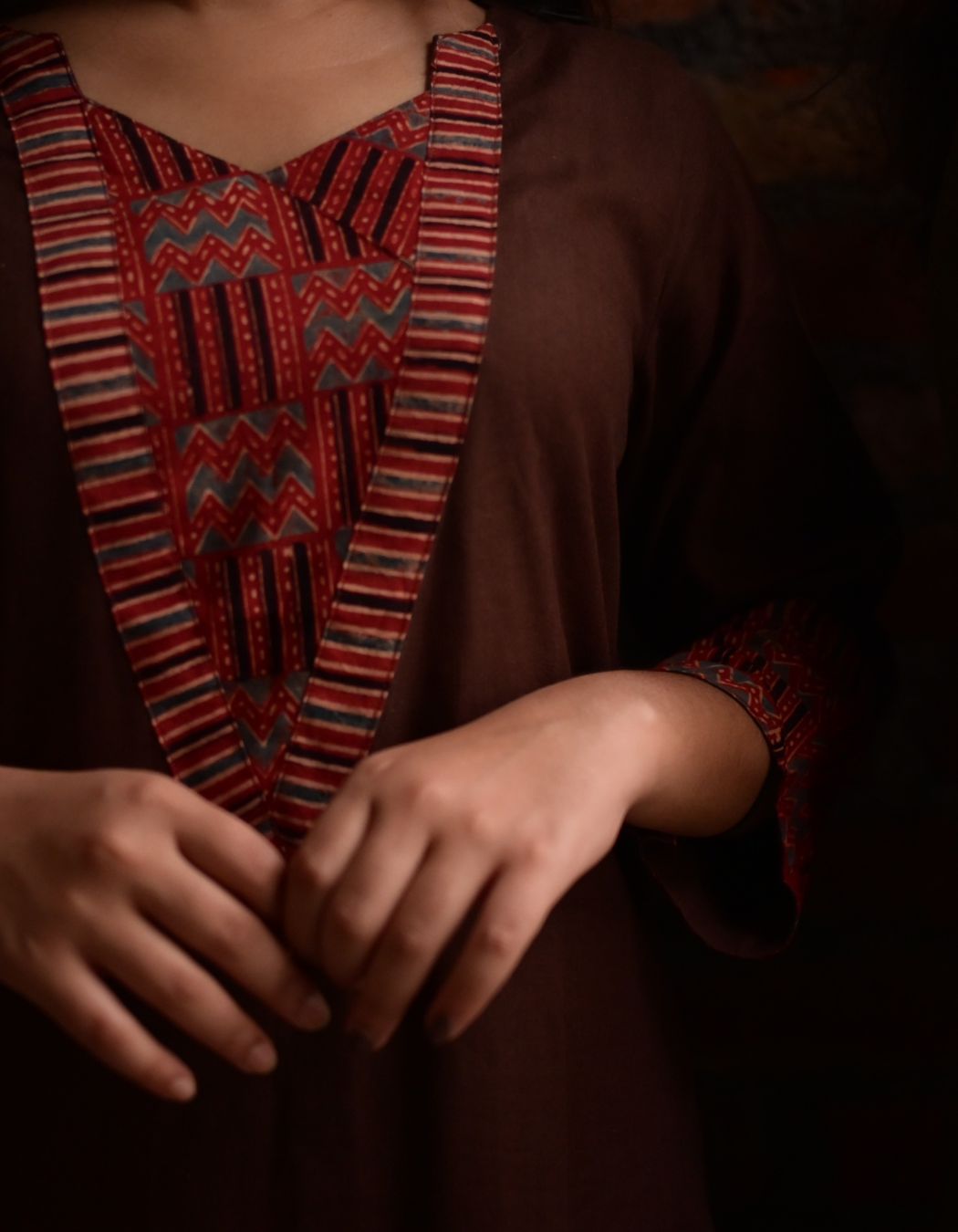 "TARA"BROWN BASE AND PINK AJRAKH PRINTED PATCH KURTI