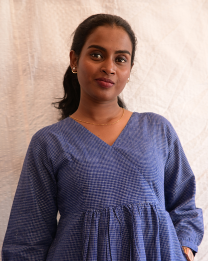 BENGAL HANDLOOM COTTON BLUE CHECK GATHERED DRESS