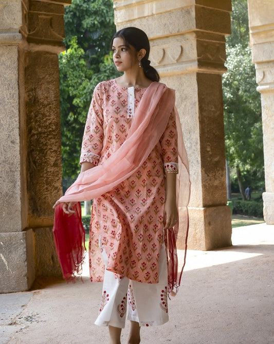 Peach Lace  Floral Hand Block Printed Kurti