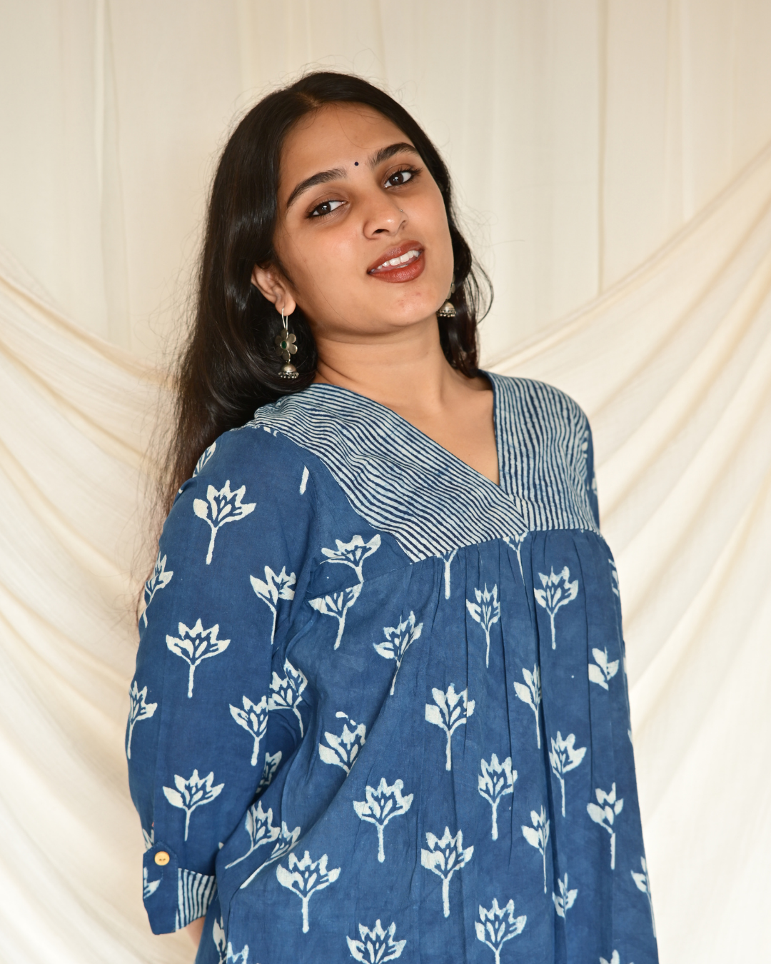 Gulmohar Indigo Printed Gatherd A-line dress kurti