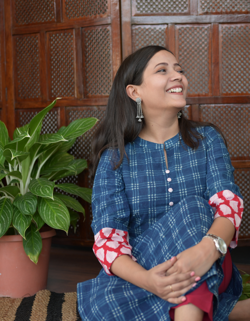 Indigo And Red Block Print Patch Collar Neck Kurti