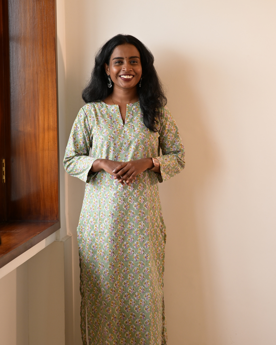 LEHRAA - Mint Green Hand Block Printed Slit Neck Kurti