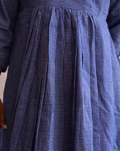 BENGAL HANDLOOM COTTON BLUE CHECK GATHERED DRESS