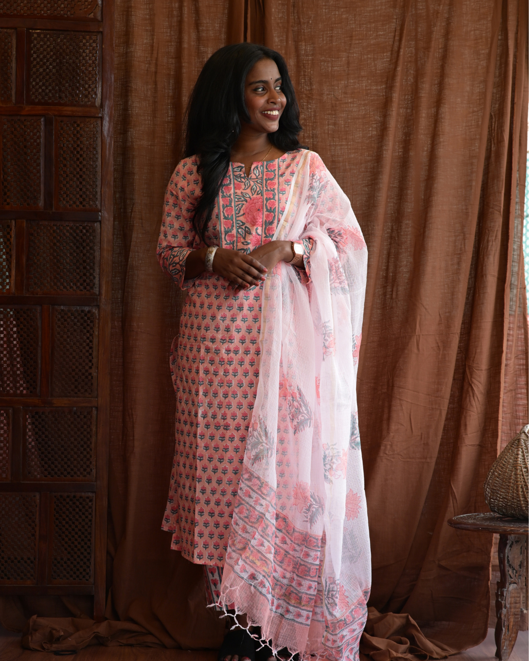 "NIRAM" Light Peach Sanganeri Hand block printed cotton kurti set with Kota Doriya dupatta