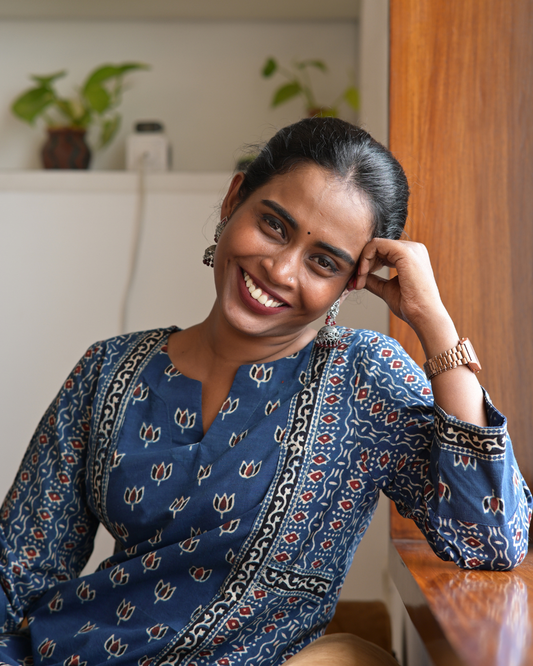 "DHOOP" Blue Ajrakh Hand Block Printed Cotton Kurti