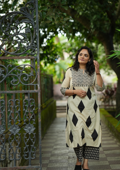 Beige and Black Geometric Print Patch Hand Block Printed Kurti SET