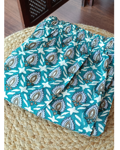 "NIRAM" Teal Blue Sanganeri Printed Cotton Kurti Set with Kota Doriya Dupatta.