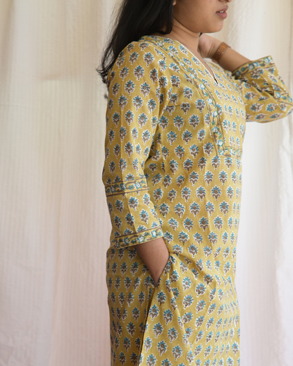 "NAIRA" Yellow green hand block printed kurti and pant