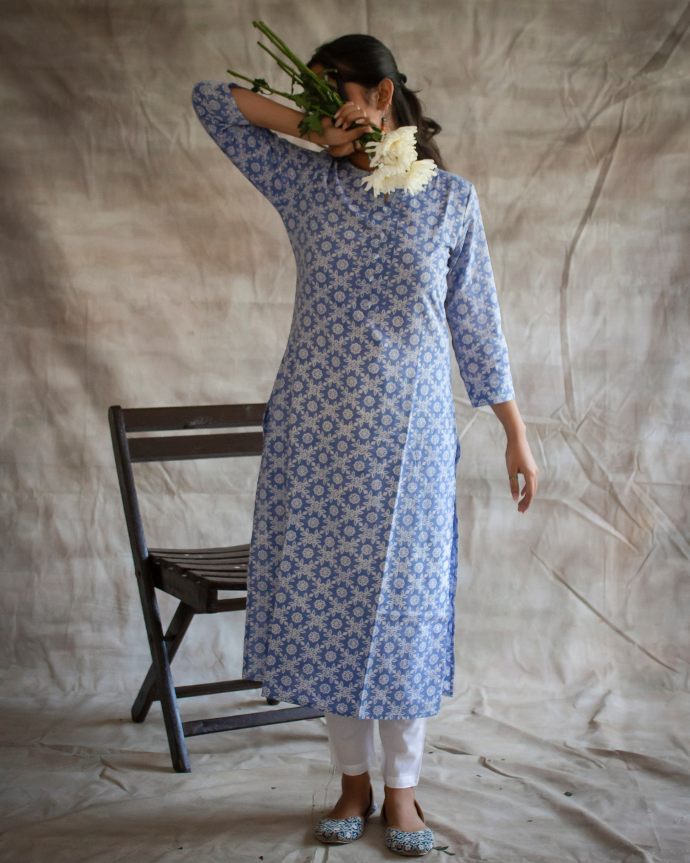 Blue Hand Block Printed Kurti and Pant set