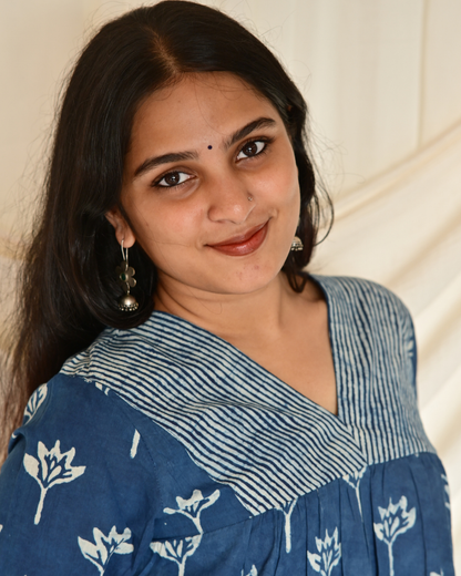 Gulmohar Indigo Printed Gatherd A-line dress kurti