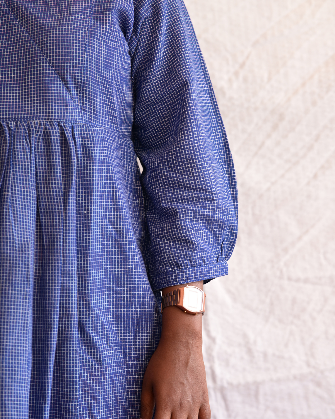 BENGAL HANDLOOM COTTON BLUE CHECK GATHERED DRESS