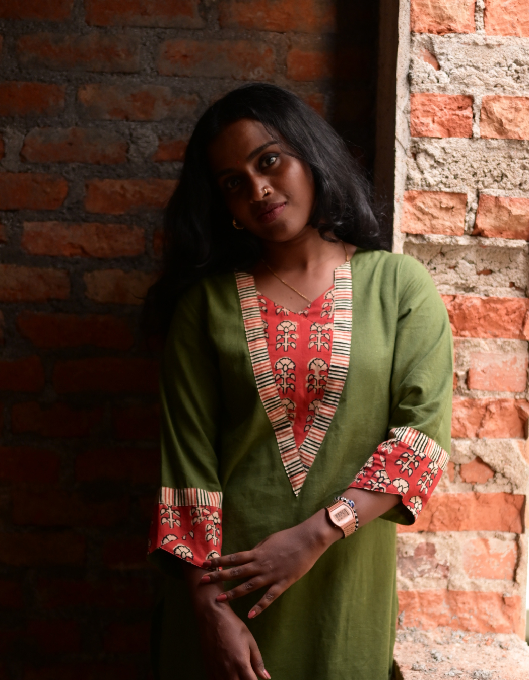 "TARA" OLIVE GREEN BASE RED HAND BLOCK PRINTED PATCH KURTI