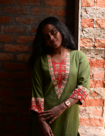 "TARA" OLIVE GREEN BASE RED HAND BLOCK PRINTED PATCH KURTI