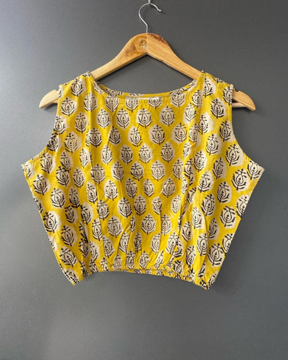 Mustard yellow Block Printed  crop top/ Blouse