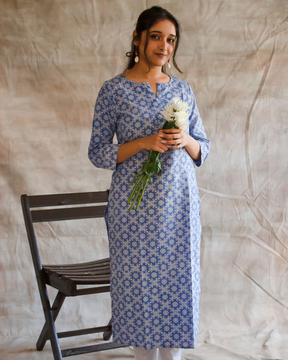 Blue Hand Block Printed Kurti and Pant set