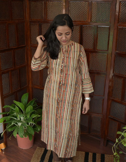 Brown Striped Bagru Hand Block Printed Cotton Collar Neck Kurti