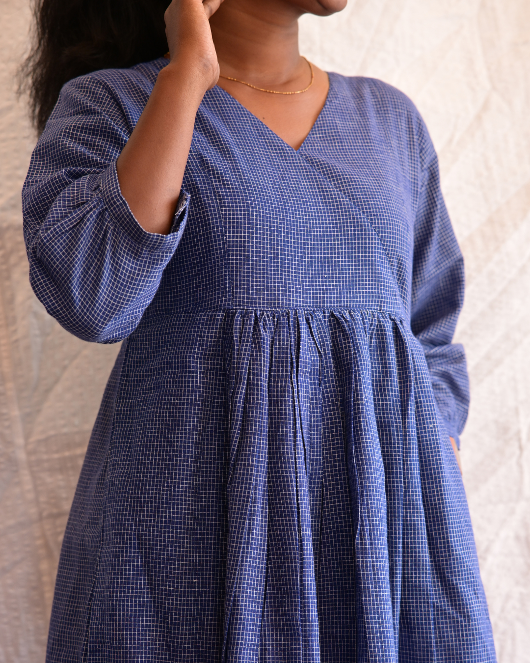 BENGAL HANDLOOM COTTON BLUE CHECK GATHERED DRESS