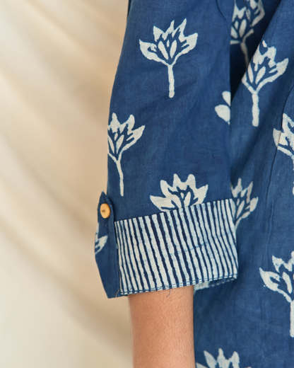 Gulmohar Indigo Printed Gatherd A-line dress kurti