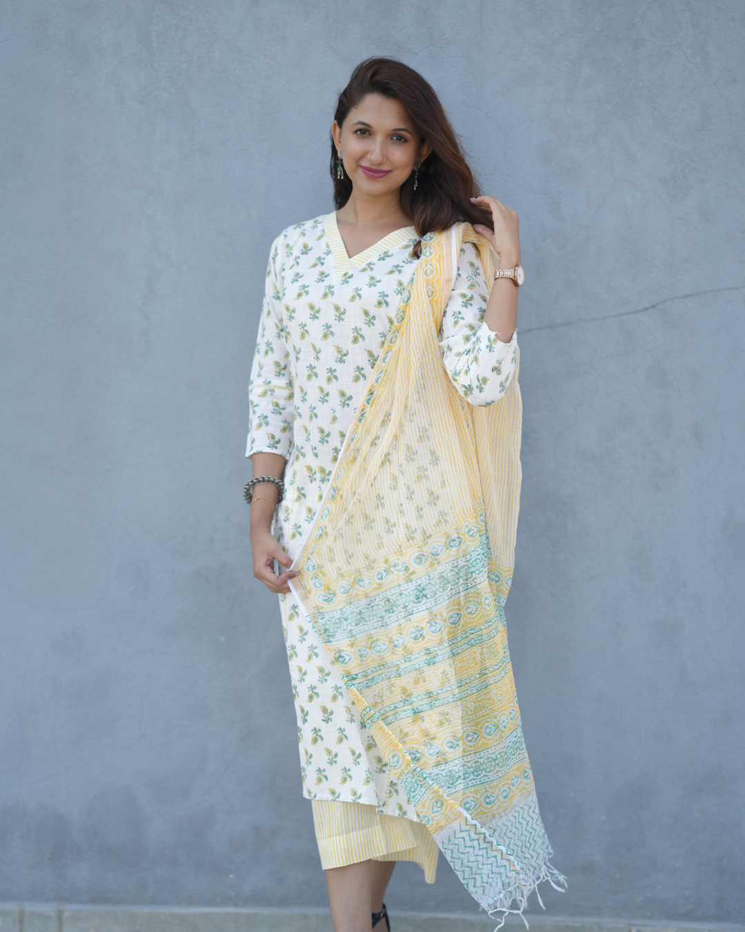 White and Yellow Paisley Print V Neck Kurti Set With Dupatta