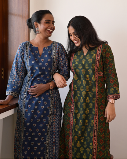 "DHOOP" Blue Ajrakh Hand Block Printed Cotton Kurti