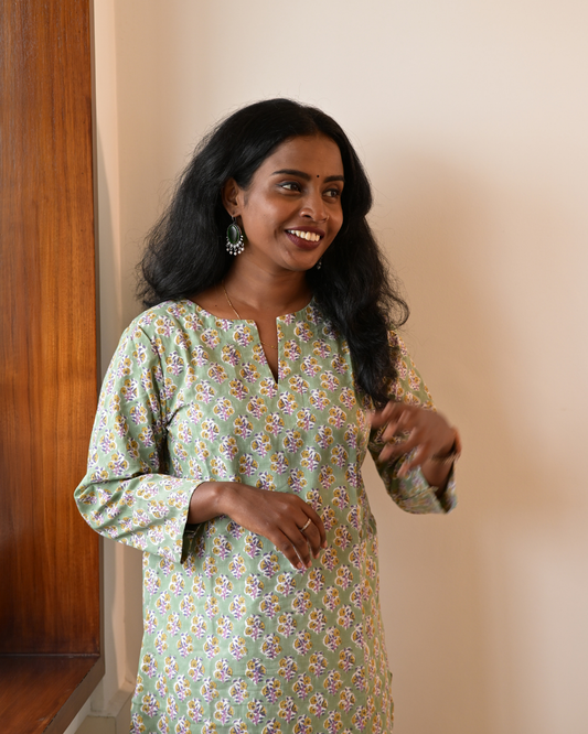 LEHRAA - Mint Green Hand Block Printed Slit Neck Kurti