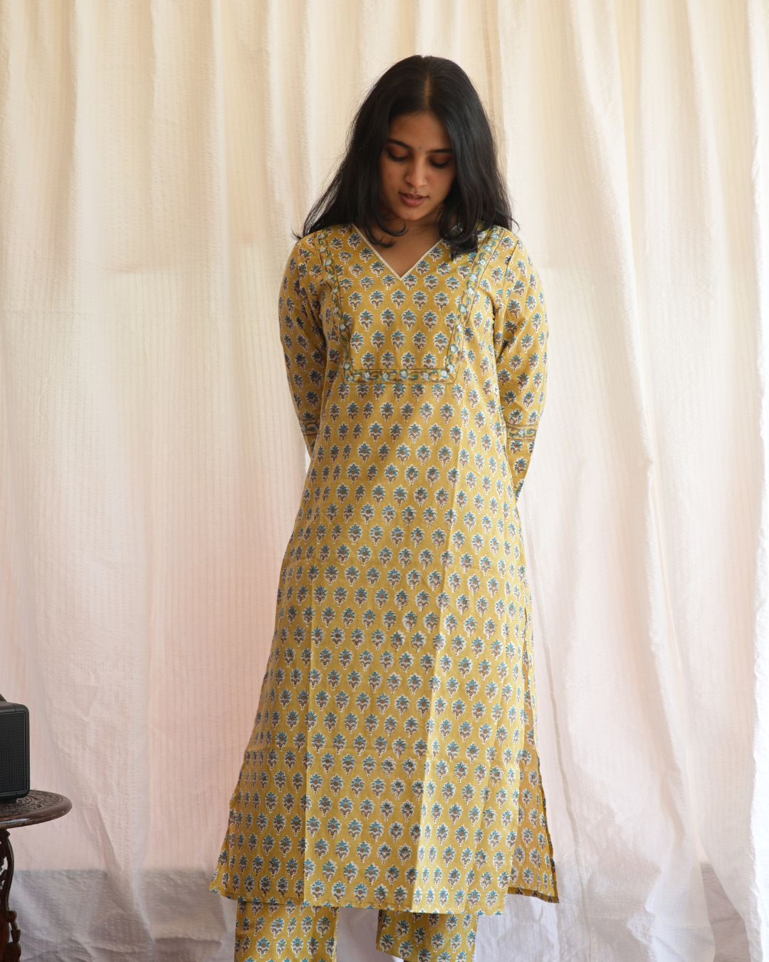 "NAIRA" Yellow green hand block printed kurti and pant