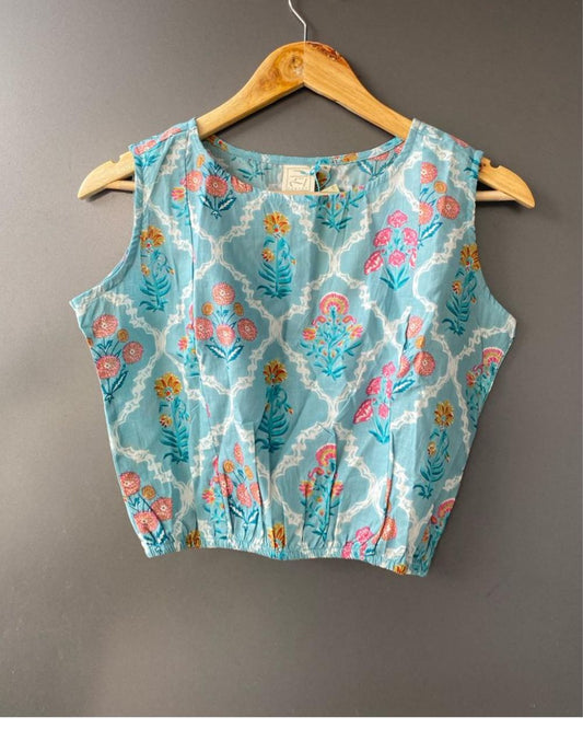 Blue Block Printed  crop top/ Blouse