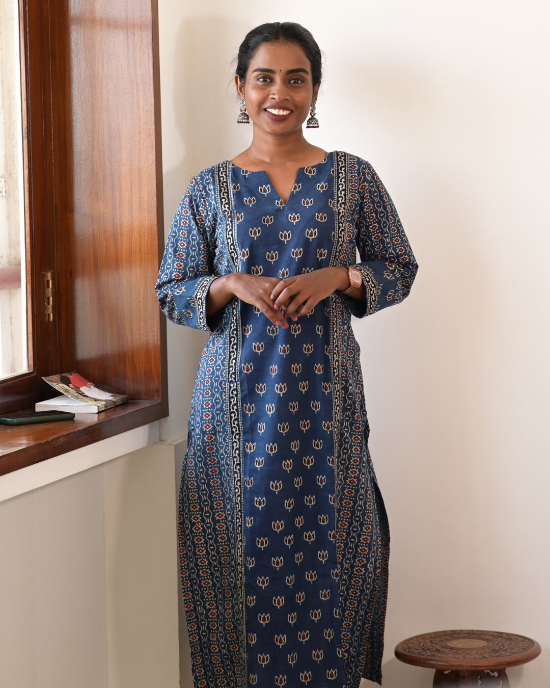 "DHOOP" Blue Ajrakh Hand Block Printed Cotton Kurti