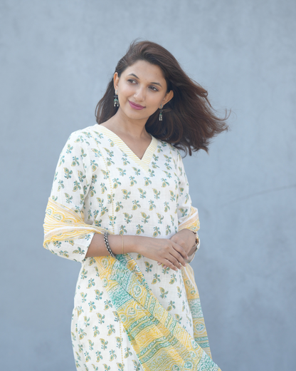 White and Yellow Paisley Print V Neck Kurti Set With Dupatta