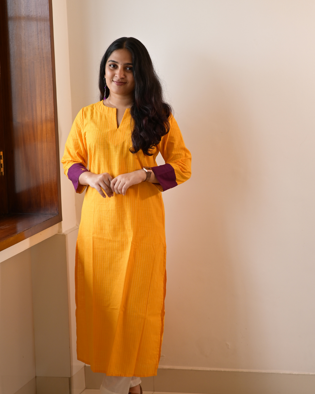 LEHRAA - Mango Yellow Striped South Cotton Slit Neck Kurti