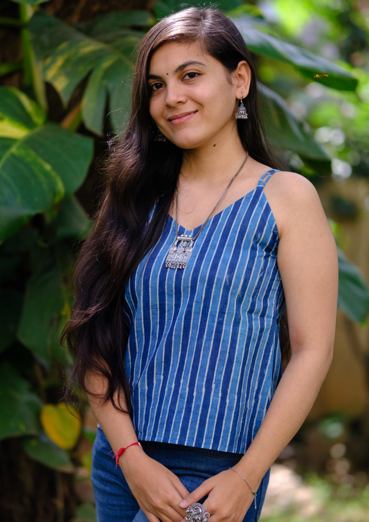 Indigo Printed Spaghetti Top