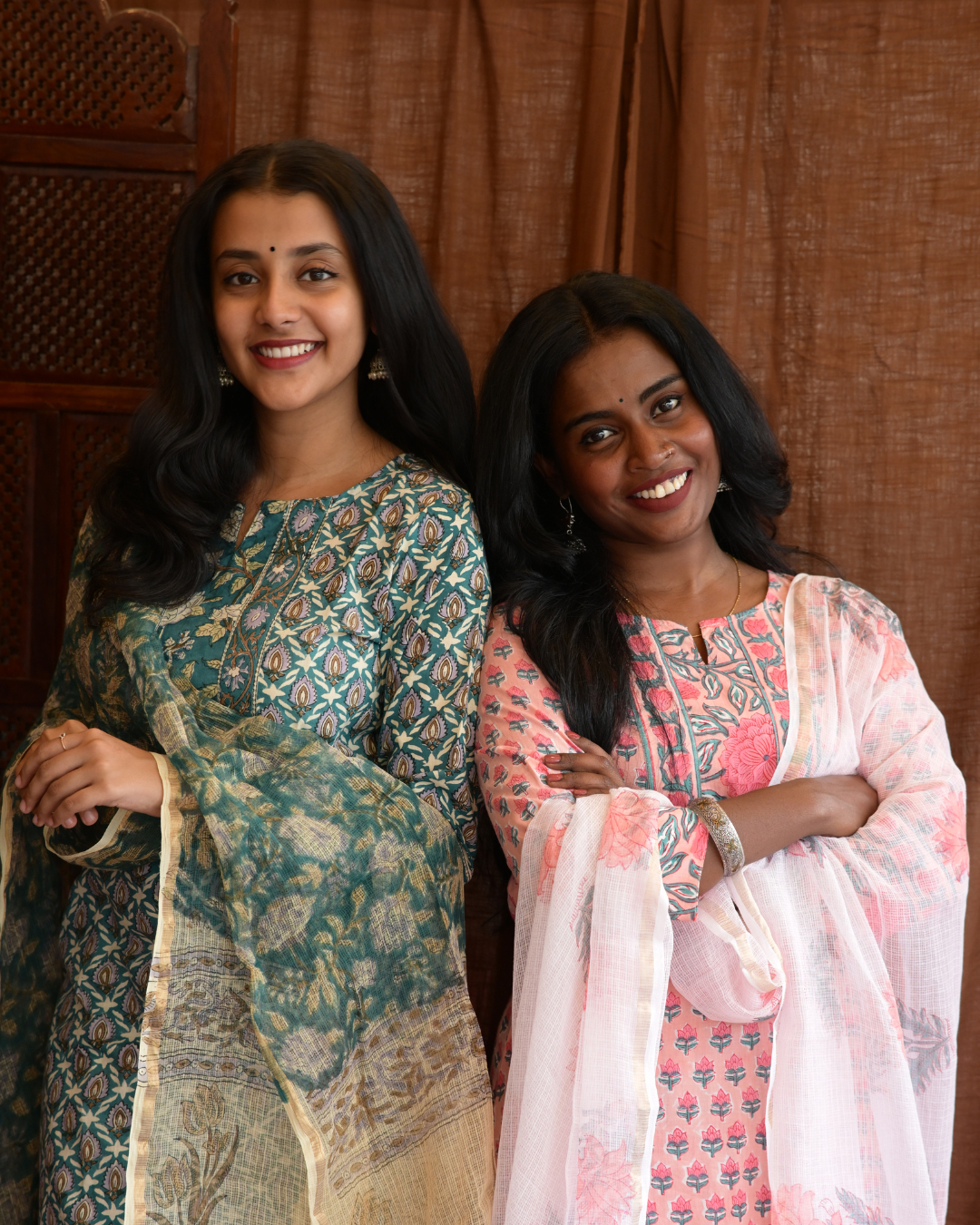 "NIRAM" Light Peach Sanganeri Hand block printed cotton kurti set with Kota Doriya dupatta