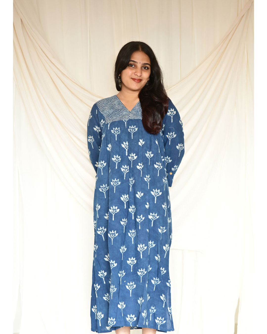 Gulmohar Indigo Printed Gatherd A-line dress kurti