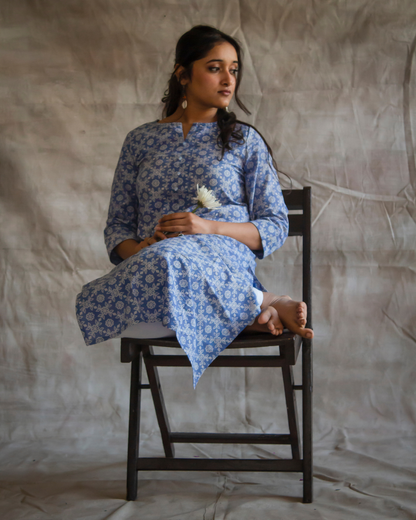 Blue Hand Block Printed Kurti and Pant set