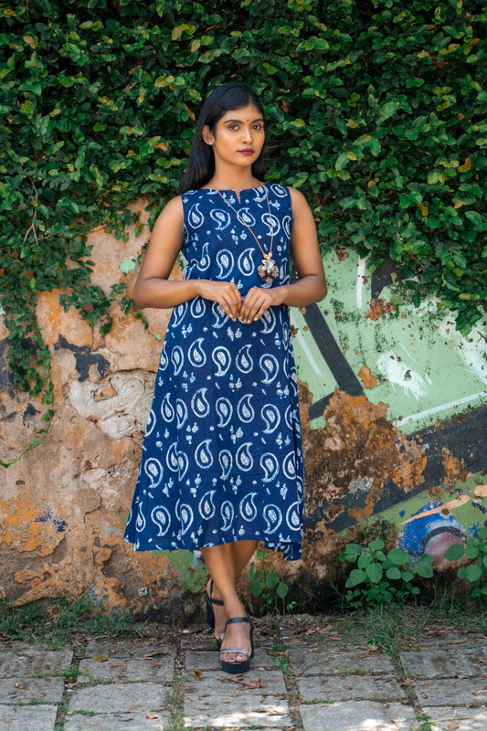 Blue Hand Block Printed A Line Kurti