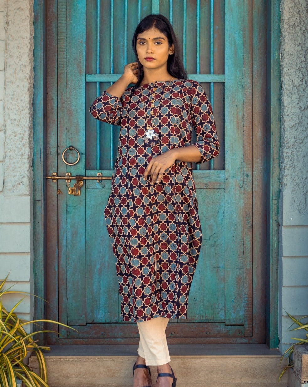 Maroon Ajrakh Hand Block Printed Kurti