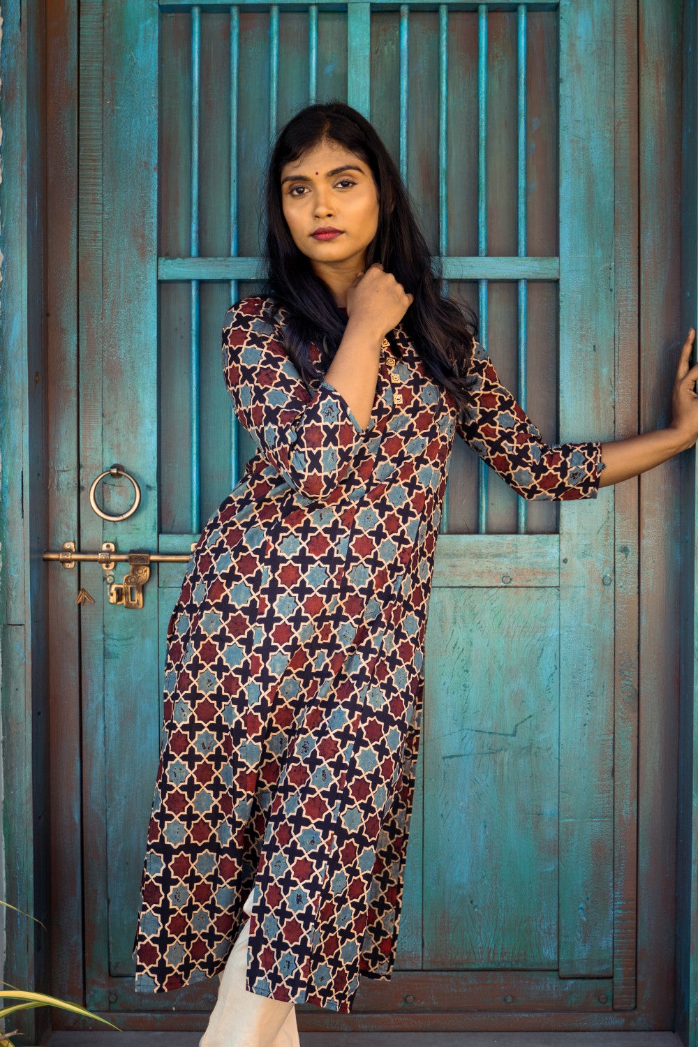 Maroon Ajrakh Hand Block Printed Kurti