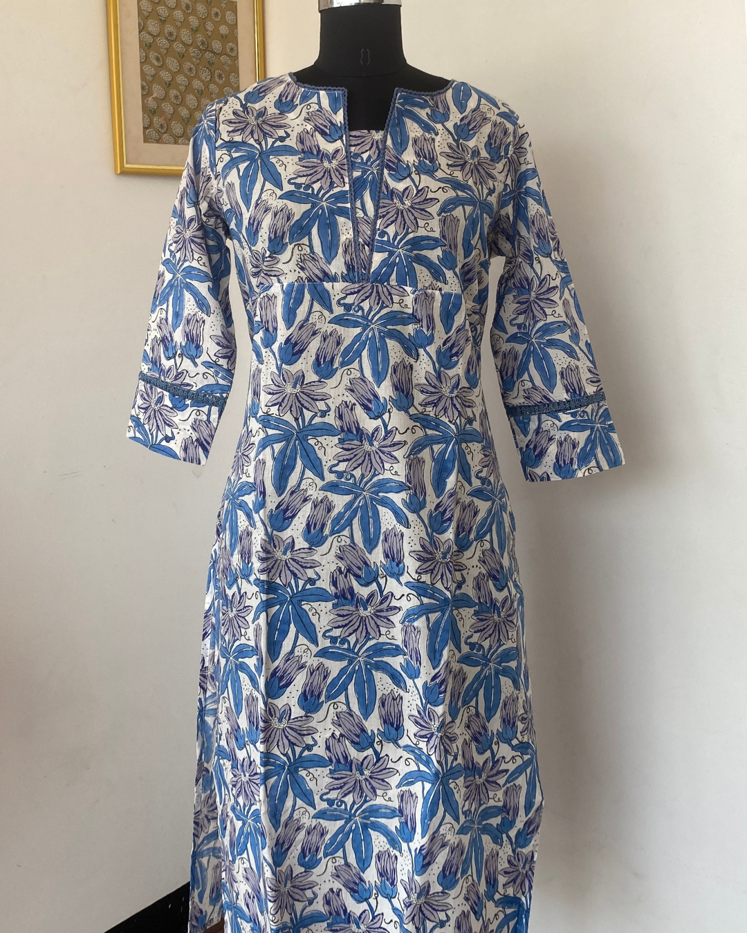 "CHAMPA"Floral Hand Block Printed Lace Kurti and pant set