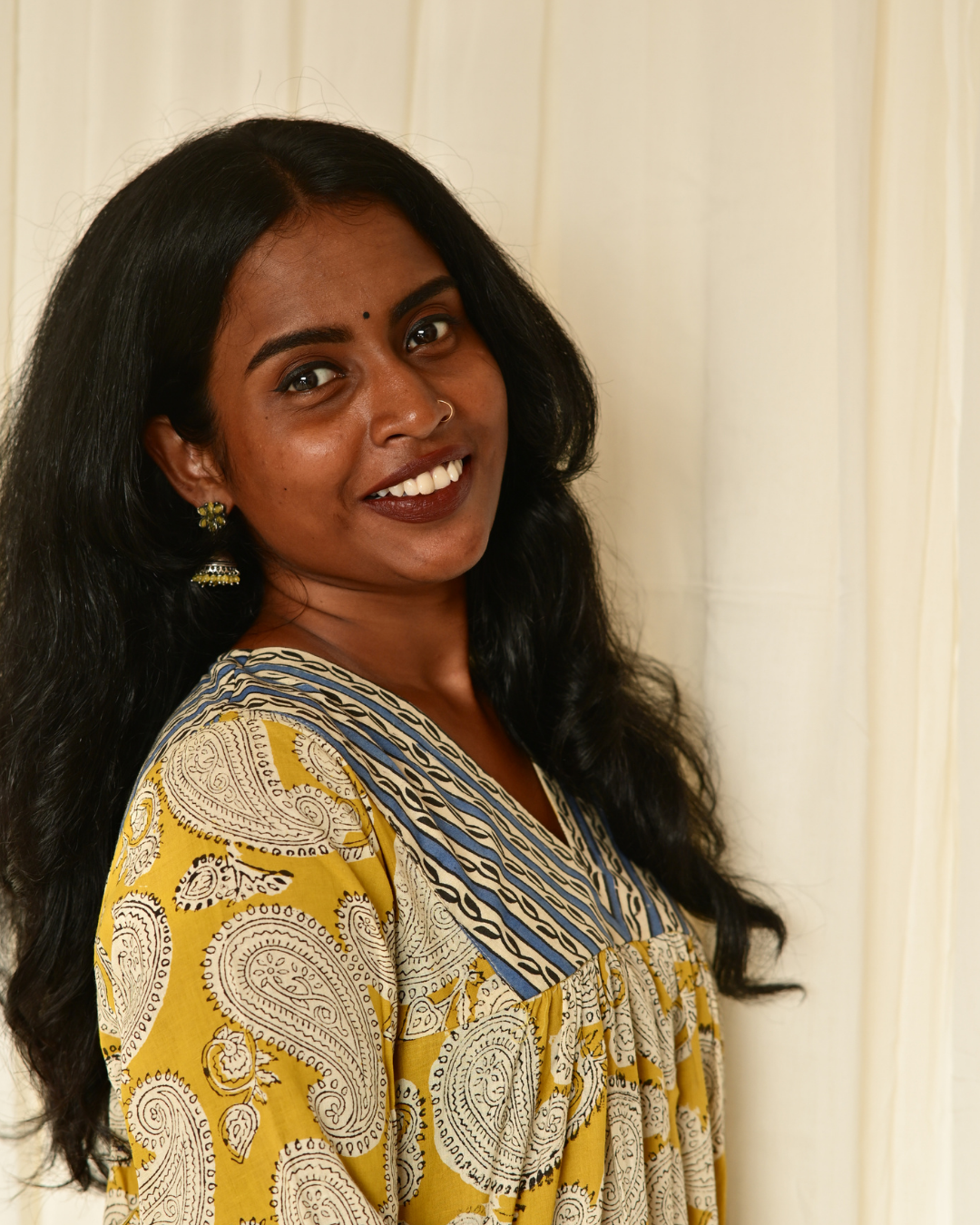 Gulmohar Yellow Paisly Handblock Printed Cotton Gatherd A-line dress kurti