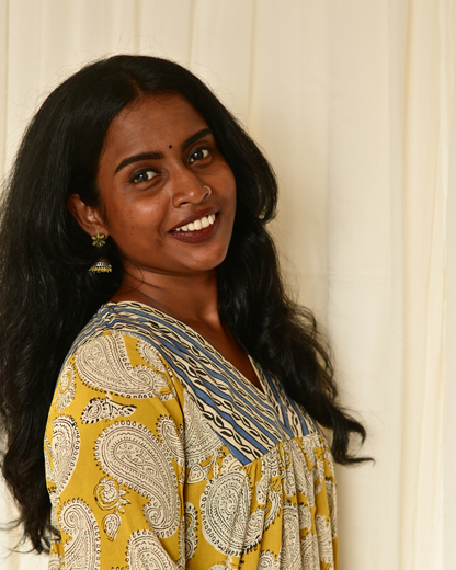Gulmohar Yellow Paisly Handblock Printed Cotton Gatherd A-line dress kurti