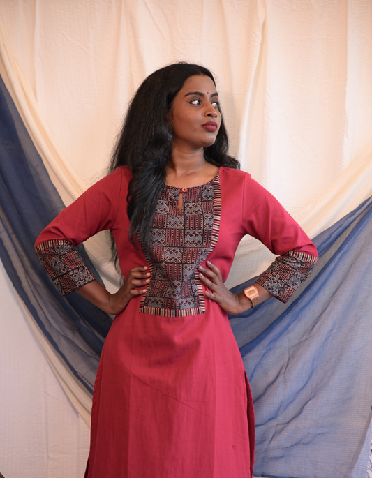 Kadha  Maroon Plain Cotton Flax With Ajrakh  Patch Kurti
