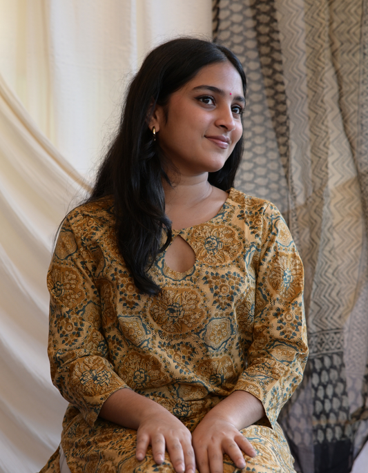 HAWA MUSTARD YELLOW HANDBLOCK PRINTED BUTTA KEY HOLE KURTI